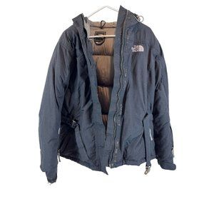 The North Face 550 Goose Down Fill Puffer Hooded Zip Jacket Belted Dark Blue XL